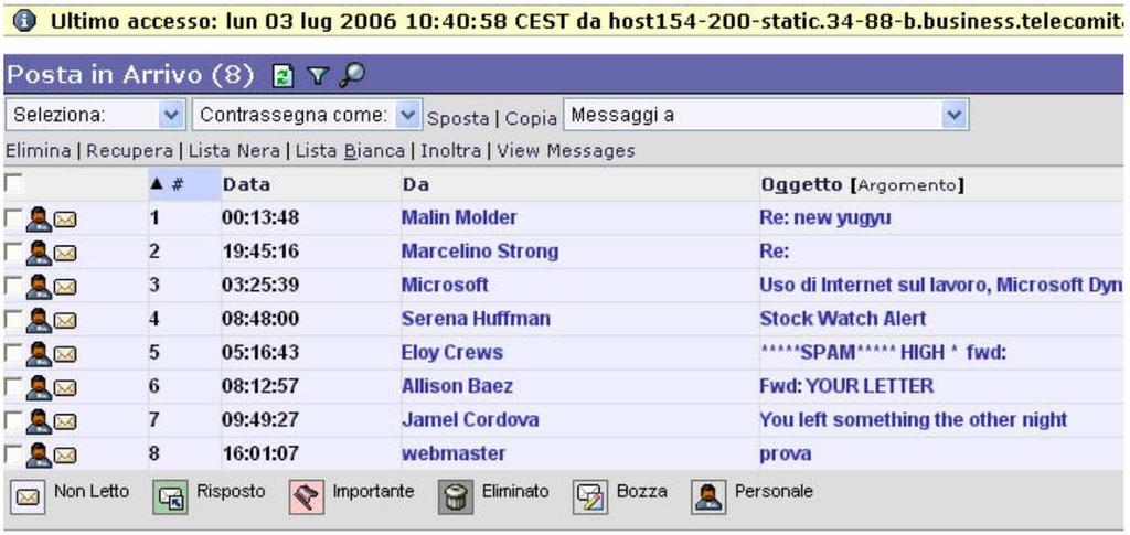 Leggere i messaggi Accedendo alla pagina "Posta in arrivo",si potranno visualizzare le intestazioni dei messaggi giunti.