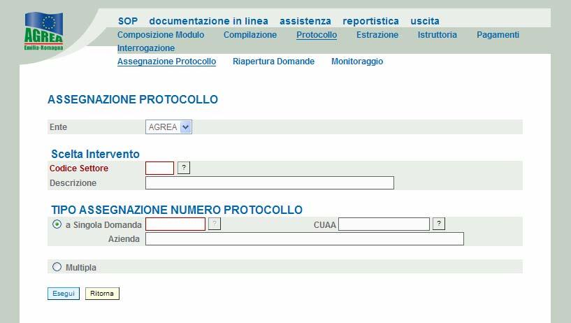 selezionare la funzione Assegnazione Protocollo QUADRO DI ASSEGNAZIONE PROTOCOLLO: SELEZIONE MODALITA SCELTA DOMANDE