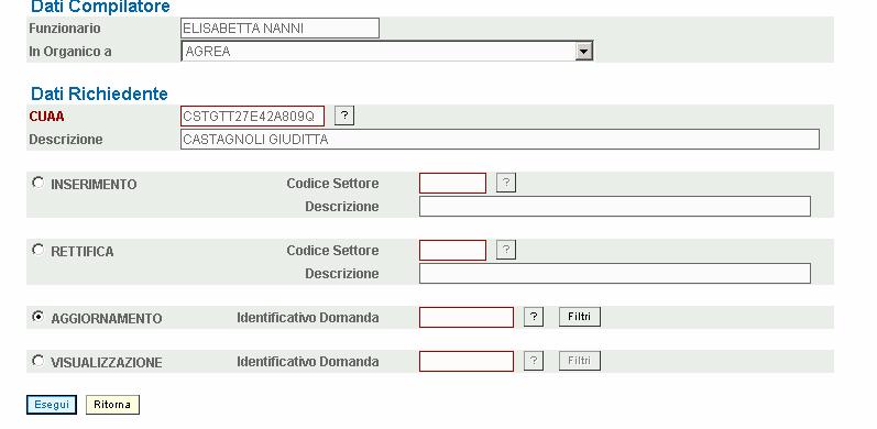 Cliccando sul simbolo + accanto a Settori va selezionato PSR, Asse 3, 2010, 3211SL o 3213SL o 3220SL o 3130SL per la domanda di pagamento stato avanzamento lavori e 3211SD o 3213SD o 3220SD o 3130SD