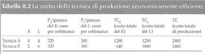 Scelta della tecnica economicamente efficiente La tecnica B è quella a maggior intensità