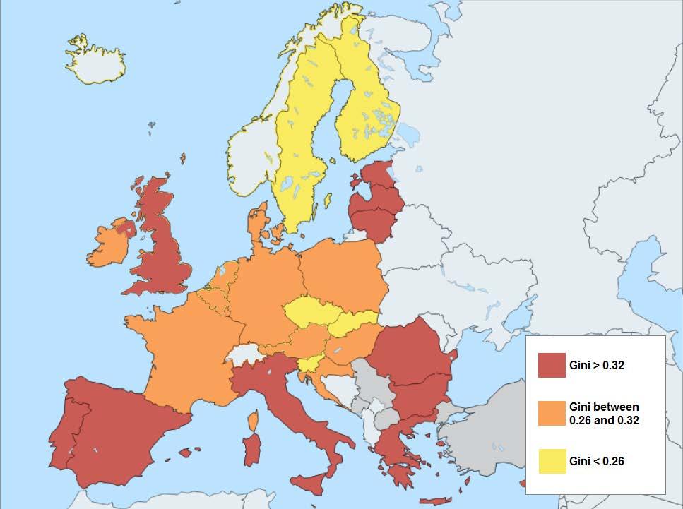 Disuguaglianza nell Unione Europea, 2014 Fonte: Eurostat, 2014