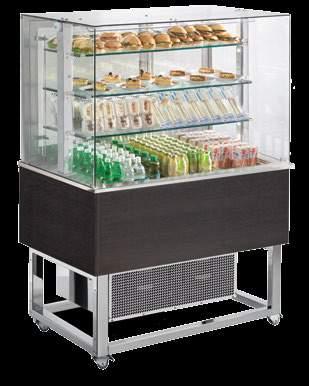 Food Islands with blown-air cold display units for selfservice.