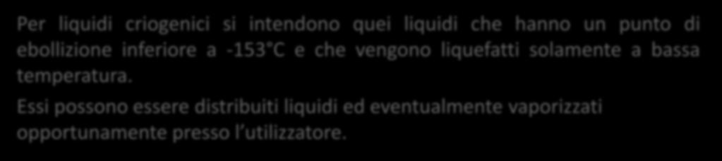 GAS LIQUEFATTI REFRIGERATI CRIOGENICI Per liquidi criogenici si intendono quei liquidi che