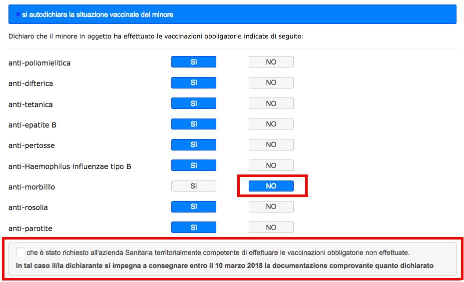 Se viene indicato NO in una delle vaccinazioni indicate in elenco, dovrà essere posto obbligatoriamente il flag nella casella riportante la dichiarazione che è stato richiesto all azienda