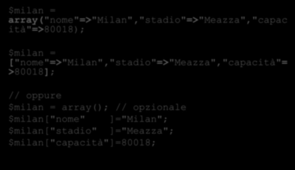 Array Associativi Creazione ** $milan = array("nome"=>"milan","stadio"=>"meazza","capac ità"=>80018); $milan =