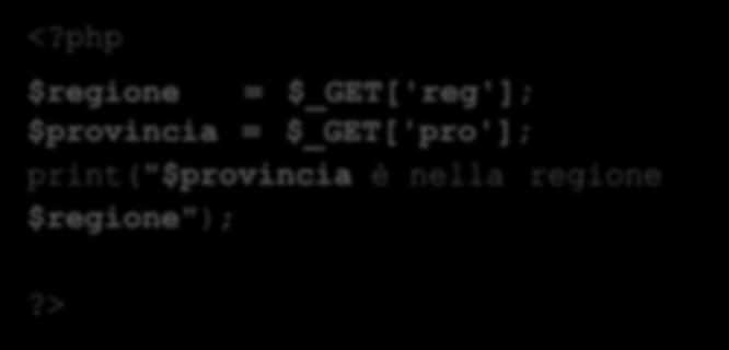 Passaggio di parametri con la richiesta URL http://localhost/lpw.php?reg=toscana&pro=pisa lpw.php Browser Web Pisa è nella regione Toscana lpw.