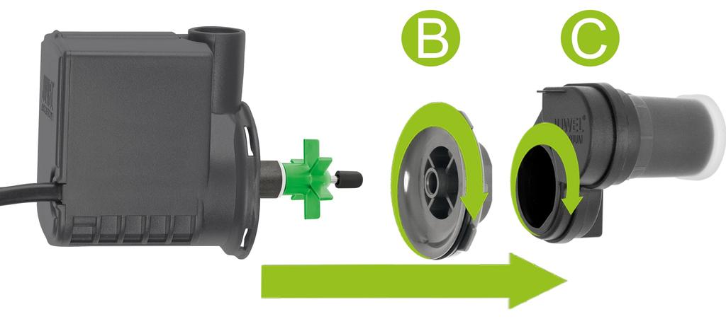 Rimuovere la pompa dal relativo supporto del filtro. 4. Staccare il supporto di gomma (C) e l'anello di fissaggio (B) dal motore ruotandoli in senso antiorario, e togliere la girante. 5.