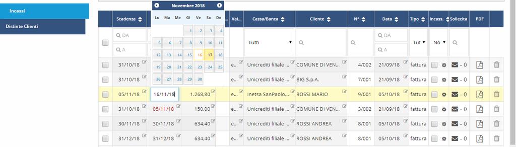 3) In rosso vengono visualizzare le date di incasso scadute e per ognuna di esse è possibile inviare una mail di sollecito del pagamento (con tre possibili diversi testi