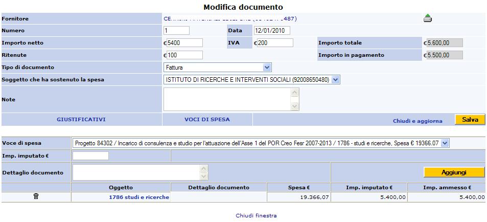 18 Se l importo della fattura sopra riportata (fig. 18) è totalmente collegato ad una sola voce di spesa inseriremo l importo totale sulla voce importo imputato (fig.