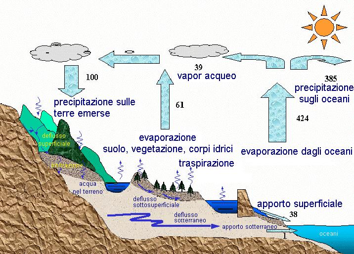 La figura rappresenta in maniera schematica il ciclo idrologico del pianeta, in cui i valori relativi alle diverse forme di trasporto sono proporzionali al valore di precipitazione sulle terre emerse