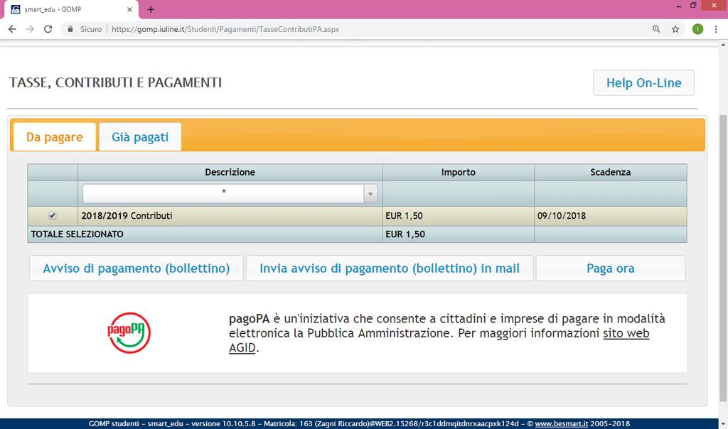 Per procedere con il pagamento dei contributi in debito, selezionare la casella alla sinistra