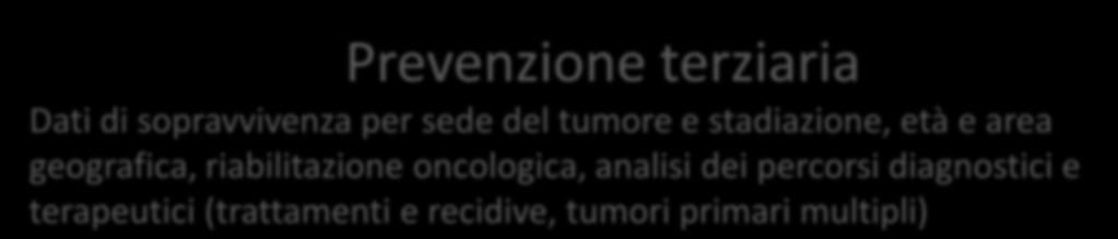 adesione a screening oncologici Prevenzione terziaria Dati di sopravvivenza per sede del tumore e stadiazione, età