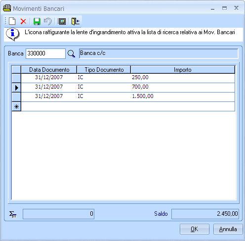 Selezionando questa funzione compare una finestra di dialogo nella quale è presente il campo Banca : in esso è necessario inserire il codice di un conto banca.