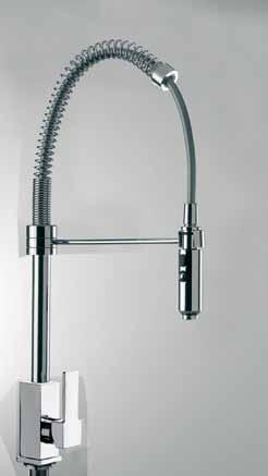 N 75 Single-lever mixer for sink, with side lever, high movable spring spout in stainless steel electro polished with shower. Material: mixer in c.p. brass, spout in stainless steel with stainless steel flexible covered with silver colour pvc, hand shower in c.