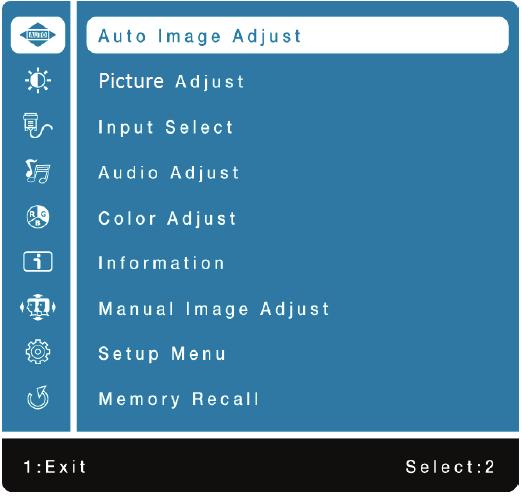 3 1 VISUALIZZAZIONE SU SCHERMO Utilizzo delle funzioni OSD (On Screen Display, visualizzazione su schermo) 2 + 1 + 2 + Menu principale Visualizza menu principale Esci dal menu OSD Selezionare la