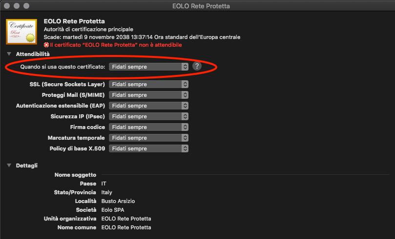 Doppio click sul certificato EOLO Rete Protetta,