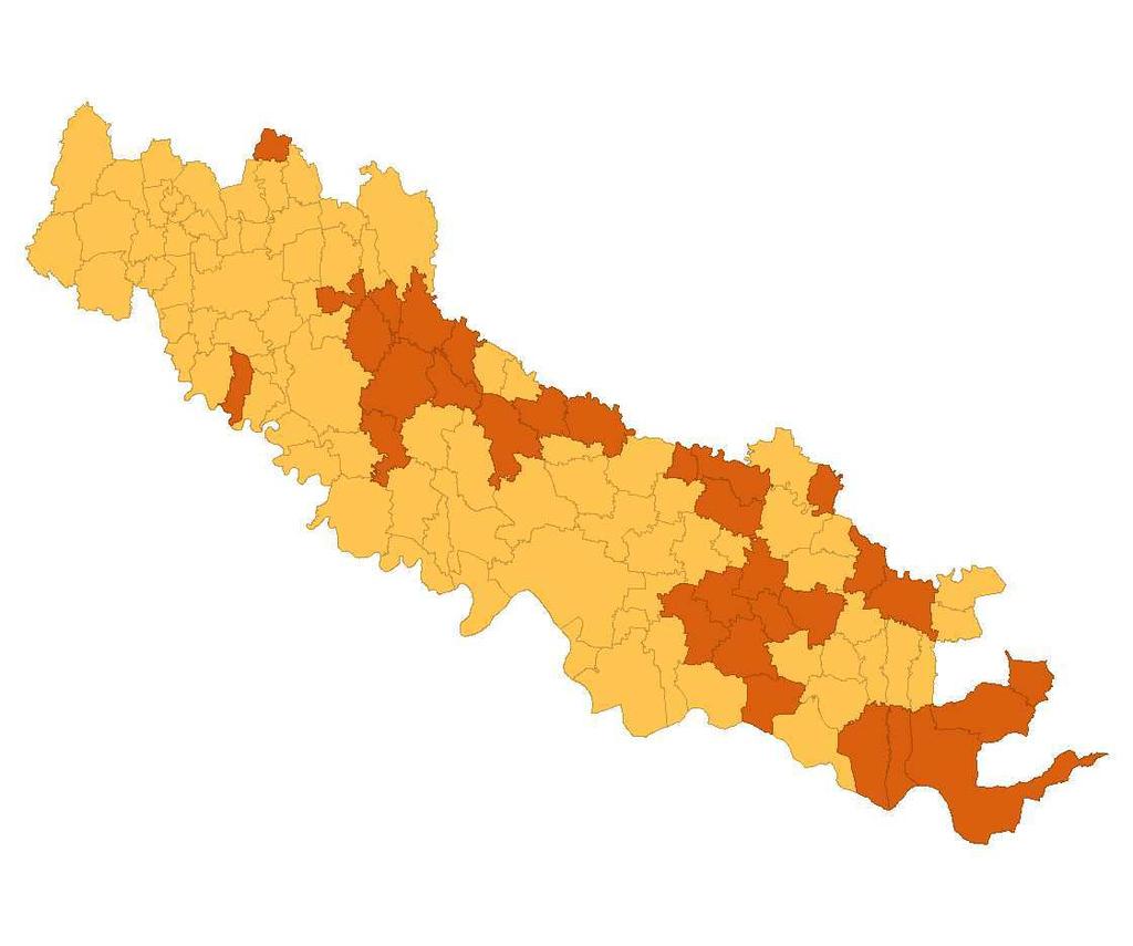 I comuni in arancione scuro hanno un incidenza maggiore