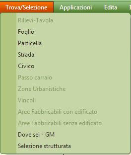 Gruppo di comandi Trova/Selezione Questo gruppo di comandi è dedicato alle varie tipologie di ricerca che possono essere effettuate sugli oggetti della cartografia e alla gestione della selezione :