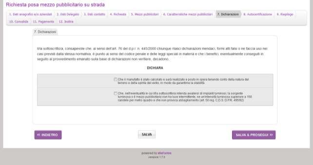 SETTIMO STEP: DICHIARAZIONI Selezionare le due dichiarazioni obbligatorie.