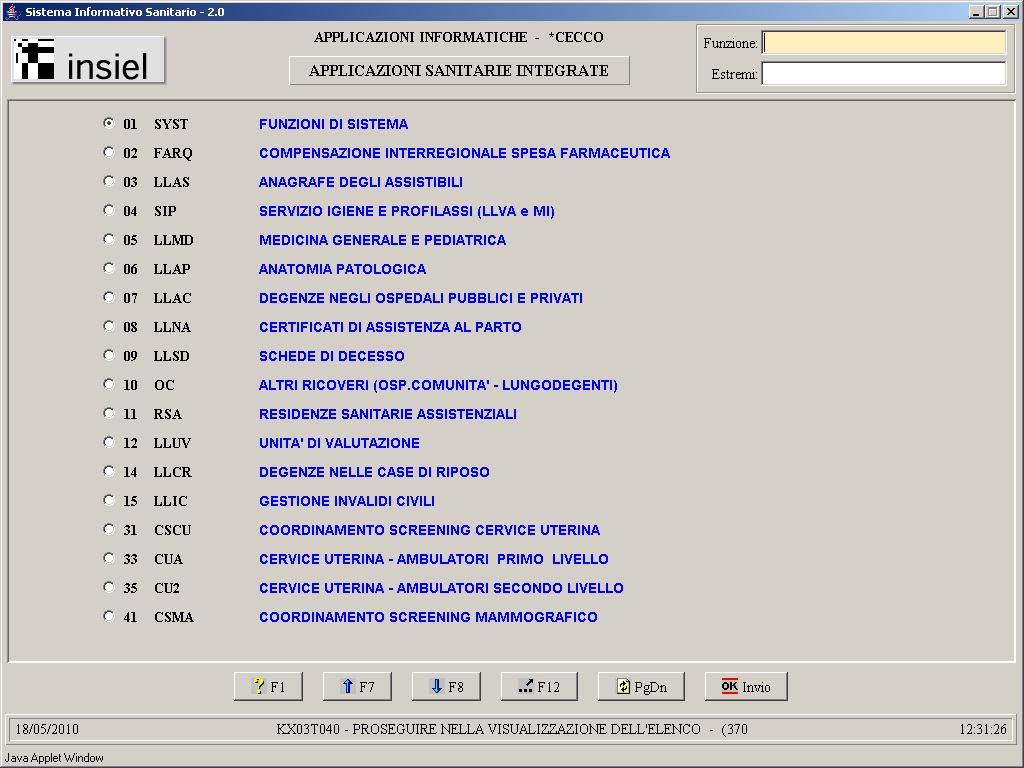 Menu principale SIASI Una volta identificati il sistema propone il menù principale di SIASI sul quale vengono elencate tutte le linee di lavoro disponibili.