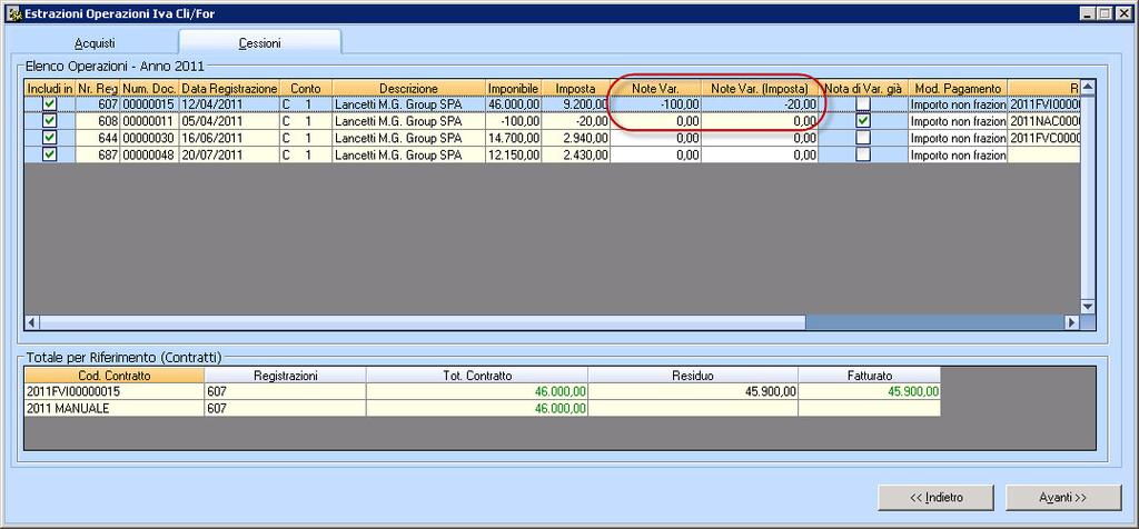 Note di variazione registrate nell anno. - Annotate direttamente nella fattura (imponibile ed imposta). - Sono modificabili manualmente.