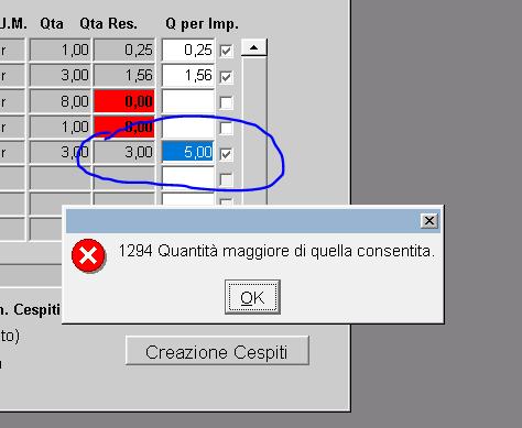 In questo caso, nella form viene presentato un campo in più ove imputare la quantità, inferiore od uguale a quella residua della riga ordine, da utilizzare per la creazione del cespite.