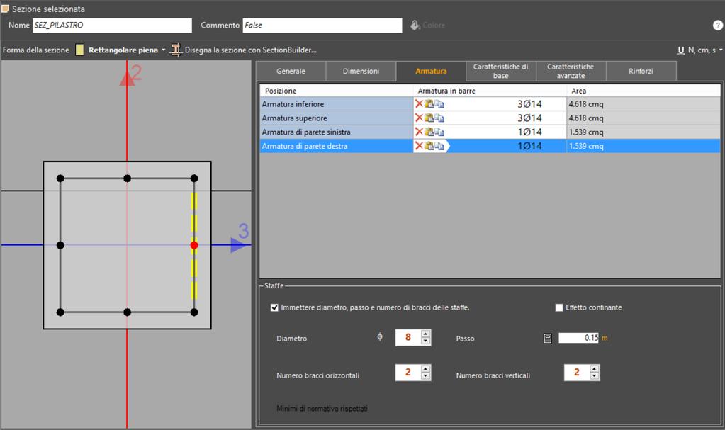 Definisci > Sezioni per asta Armatura