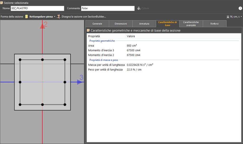 Definisci > Sezioni per asta Caratteristiche di base Caratteristiche