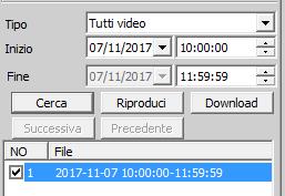 Per avviare la riproduzione del filmato, mettere la spunta (selezionare) il file e cliccare sul tasto [Riproduci] Per scaricare il video selezionato, click sul tasto [Download] Nota: di default, il