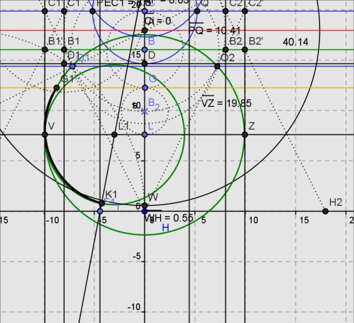 Punta inferiore Si traccia una retta orizzontale che divida in parti uguali D-G Si traccia un cerchio di centro G1 e raggio D-G Si traccia un cerchio