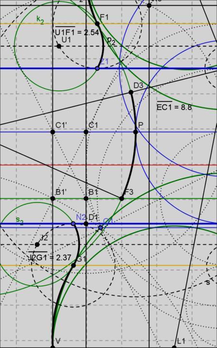 Raccordo CC superiore Detto U2 il punto in cui la retta R-E interseca la verticale per C1, si traccia la circonferenza con centro U2 e raggio U2-D3