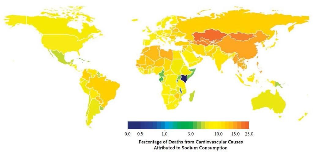 Percentuale di morti per cause cardiovascolari dovute ad eccessivo consumo di sale (>5 g/die)