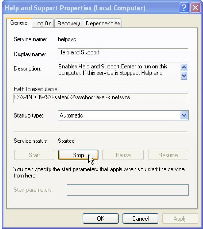 Viene aperta la finestra "Proprietà (Computer Locale) - Guida in linea e Supporto tecnico". Fare clic su Arresta.