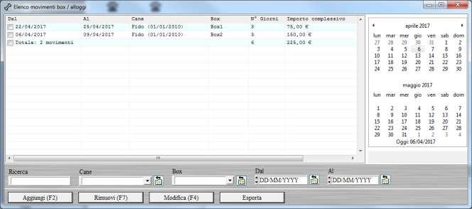 Elenco dei movimenti / soggiorni nei box.