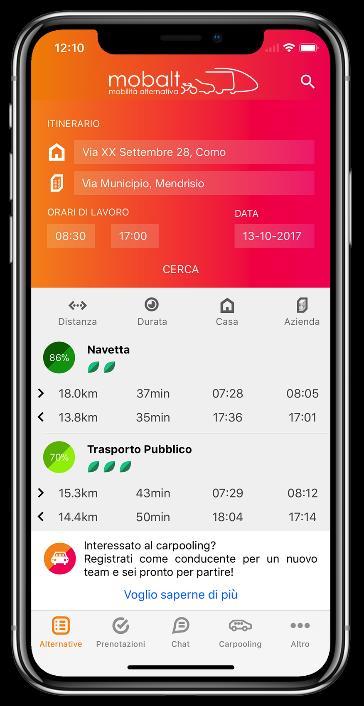 L app MobAlt L app MobAlt mostra soluzioni alternative concrete al traffico pendolare in automobile integrando le misure di gestione della mobilità delle aziende aderenti.