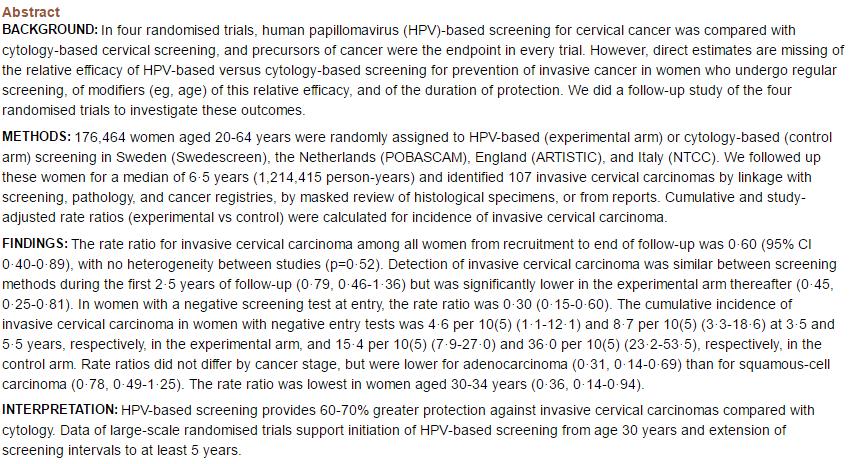HPV-DNA come screening primario? Ronco G, Dillner J, Elfstrom KM et al.