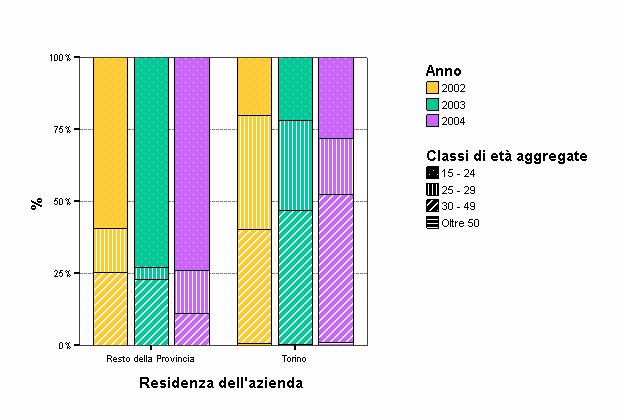 Per classi di età e area territoriale ( e resto della provincia) 2002 2003 2004 15-24 25-29 30-49 Oltre 50 % % % %