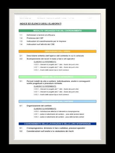 Un nuovo indice MODALITA ORGANIZZATIVE DEL COORDINAMENTO DESCRIZIONE DELL OPERA STUDIO DEL SITO DI INTERVENTO ORGANIZZAZIONE DEL CANTIERE COORDINAMENTO DELLE LAVORAZIONI E DELLE LORO INTERFERENZE