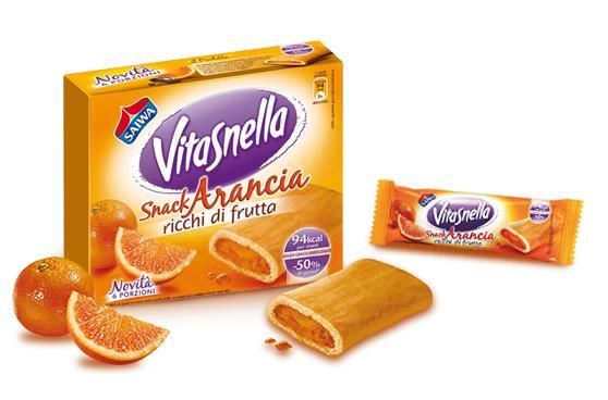 Snack con farcitura (47%) all'arancia arricchito con vitamine E, B1.