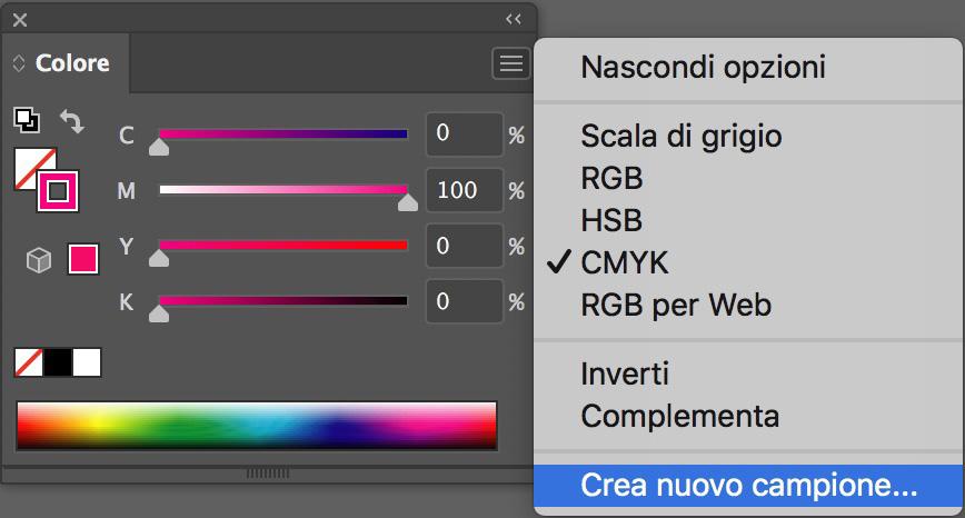 Assegnare al tracciato il colore magenta 100%. Dal menù della palette Campioni, selezionare Crea nuovo campione.