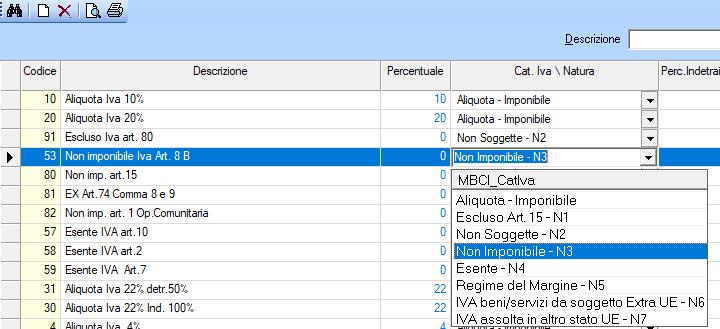 TABELLE ALIQUOTE / MODALITA IVA Nella Tabella delle Aliquote iva occorre indicare la Cat.