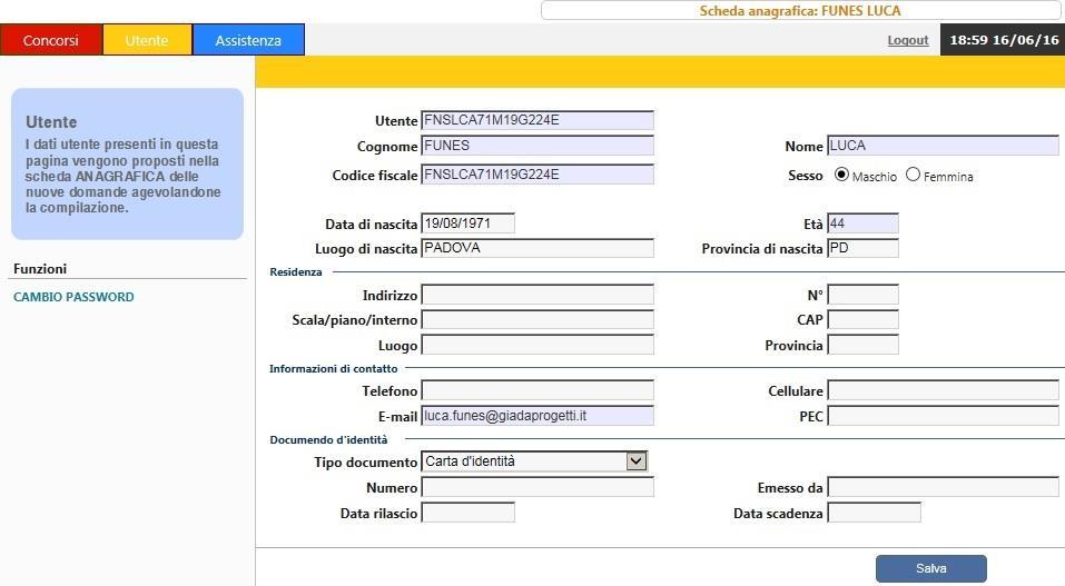 UTENTE Si consiglia per prima cosa di compilare la pagina relativa ai dati dell utente candidato: ed alla fine cliccare Salva, al momento dell inserimento della domanda,