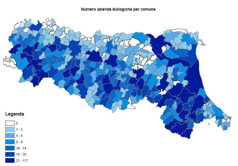 Distribuzione operatori bio per comune in RER 2008 Superficie Bio 2008: 80.