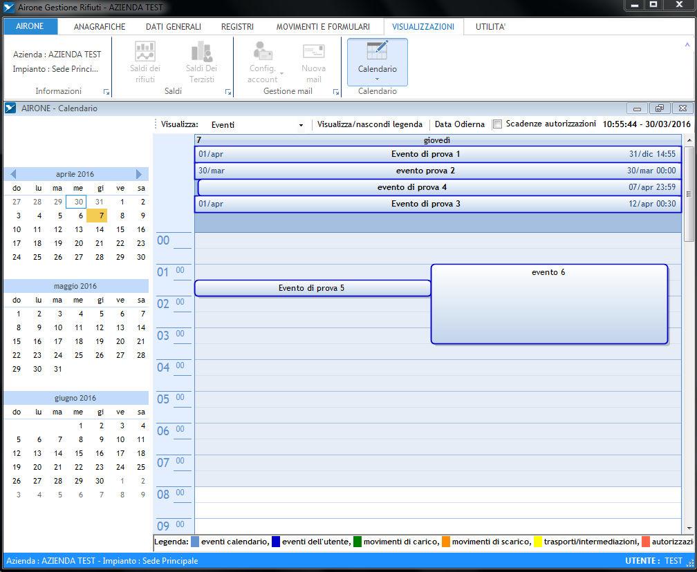 Calendario Nella nuova versione di Airone è disponibile un calendario che consente di visualizzare: gli eventi inseriti dall'utente, i movimenti, le autorizzazioni in scadenza o scadute.