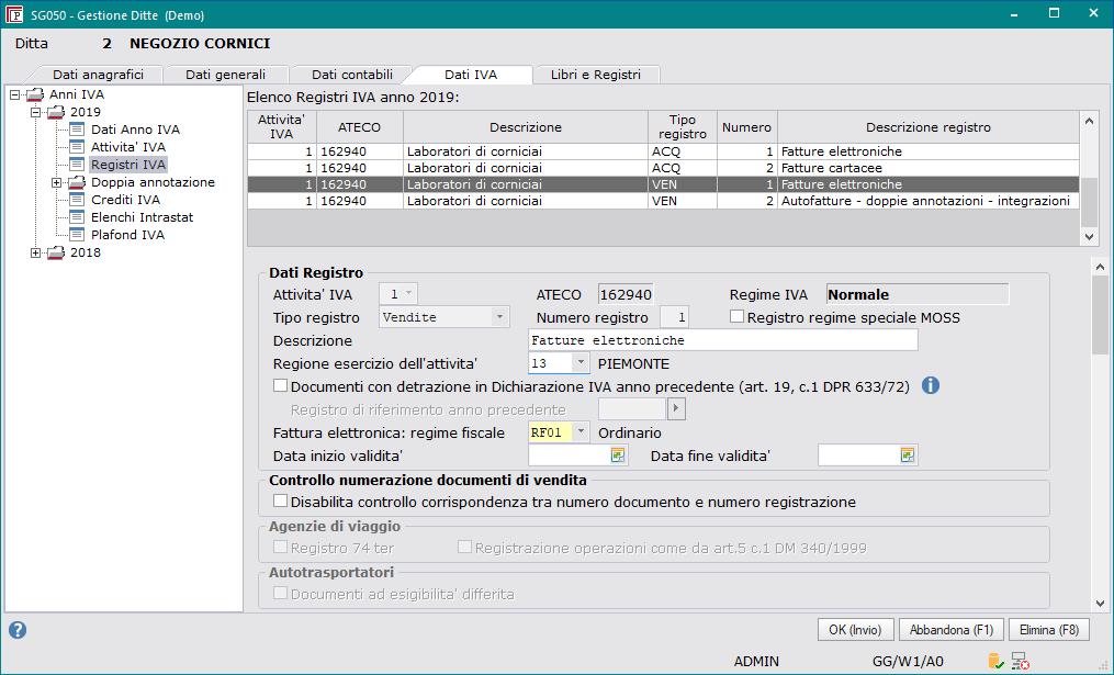 2) Posizionarsi nel tab Dati IVA nella sezione Registri