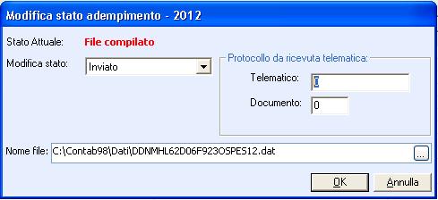 Dopo l invio del file telematico, se si imposta lo stato dell adempimento in Inviato, è possibile inserire il protocollo telematico e il protocollo documento,