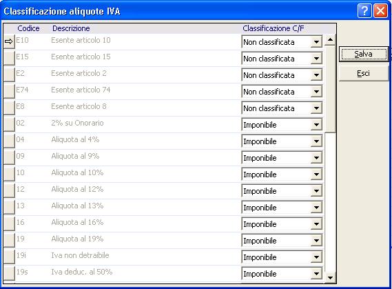 Configurazione Classificazione delle Aliquote IVA Il sistema rileva tutte le aliquote presenti nel modulo di contabilità e richiede di classificarle ai fini dell importazione dei movimenti contabili