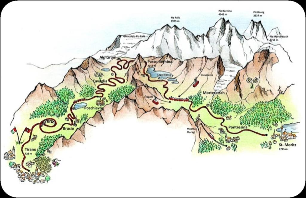 Il percorso Il trenino rosso del Bernina parte da Tirano a 429 metri sul livello del mare e con un percorso di circa 60 km attraversa tutte le fasce vegetazionali delle Alpi.