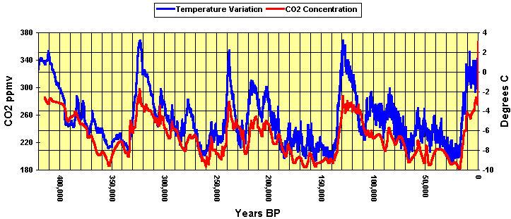 Domanda 11 (12 punti): Qui sotto vede la rappresentazione delle variazioni di temperatura (in blu) e della concentrazione di CO 2 (in rosso) degli