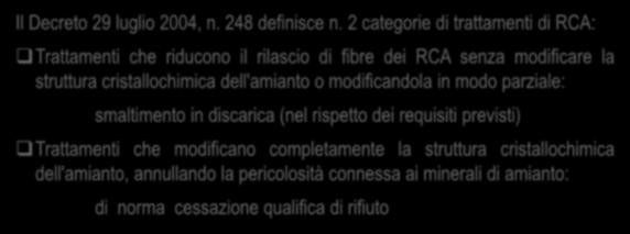 Smaltimento innovativo dei rifiuti di amianto Il Decreto 29 luglio 2004, n. 248 definisce n.